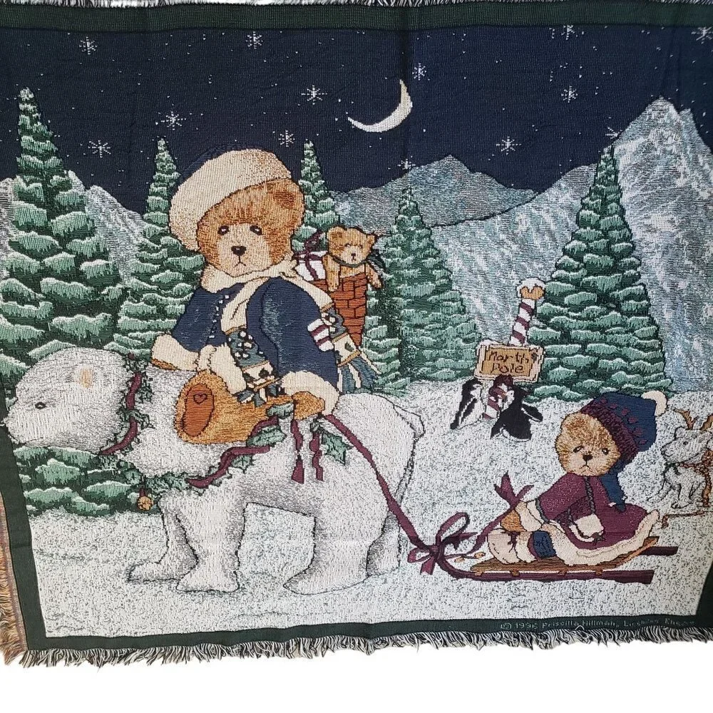 Priscilla Hillman North Pole Throw Fringe Teddy Bear Vintage 1993